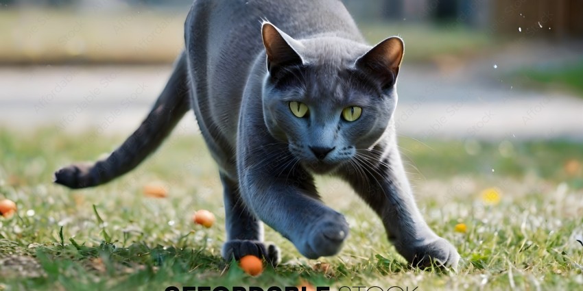 A gray cat is running through the grass