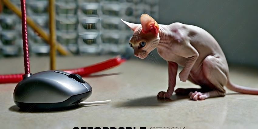 A hairless cat is staring at a computer mouse