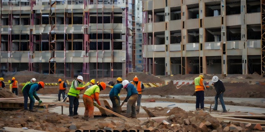 Construction workers in orange vests and hard hats working on a construction site