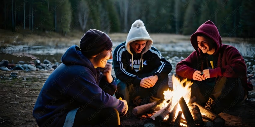 Three men sitting around a fire