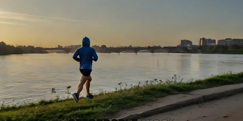A runner jogging on a path near a body of water