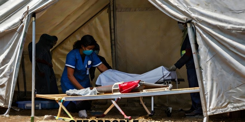 A nurse in a blue uniform is attending to a patient