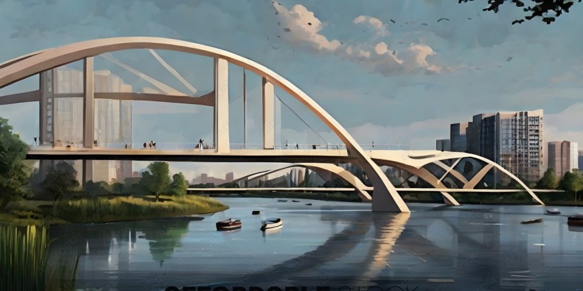 A painting of a bridge over a river with boats