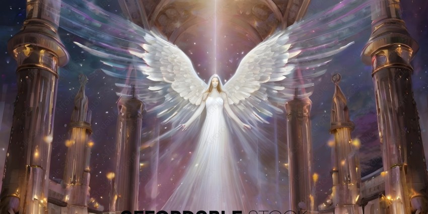 An angelic figure with wings and a halo
