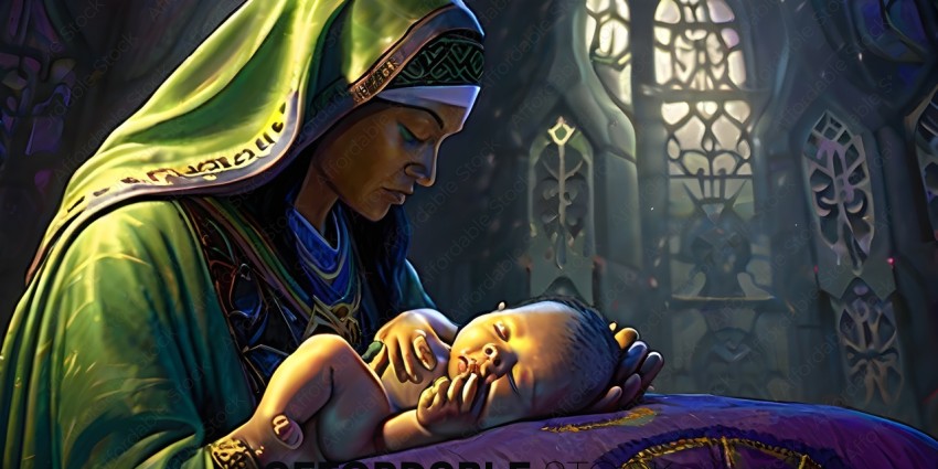 A woman holding a baby in a fantasy setting