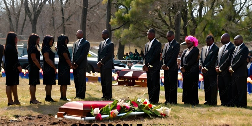 A group of men in suits standing in front of a casket