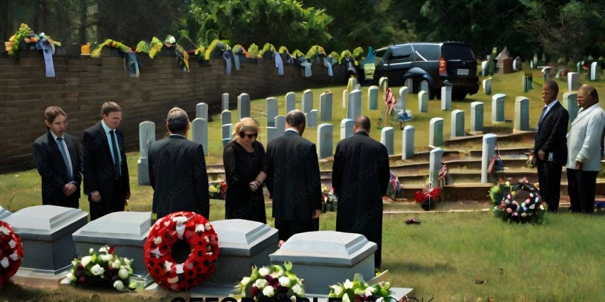 A group of people standing in a cemetery