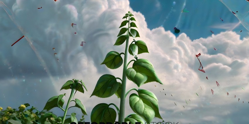 A plant with a cloudy sky in the background