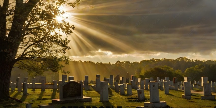 A cemetery with a sun shining through the clouds