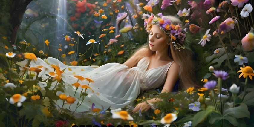 A woman wearing a white dress and flowers in her hair is laying down in a garden
