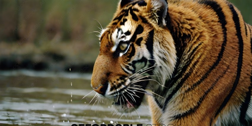 A tiger is drinking water from a pond