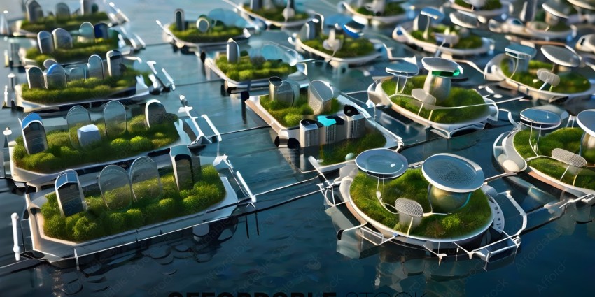 A futuristic city with water and plants