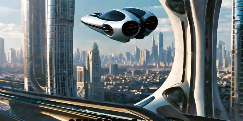 Futuristic Cityscape with a Flying Car