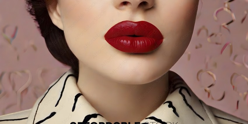 A closeup of a woman's face with a red lipstick