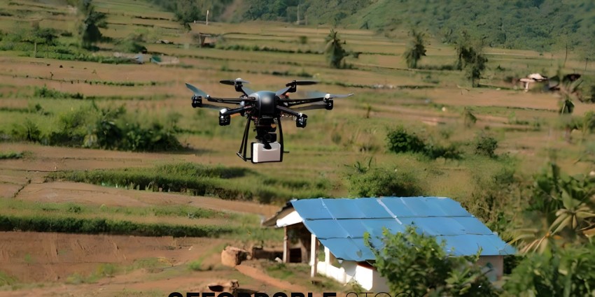 A drone flying over a village with a roof