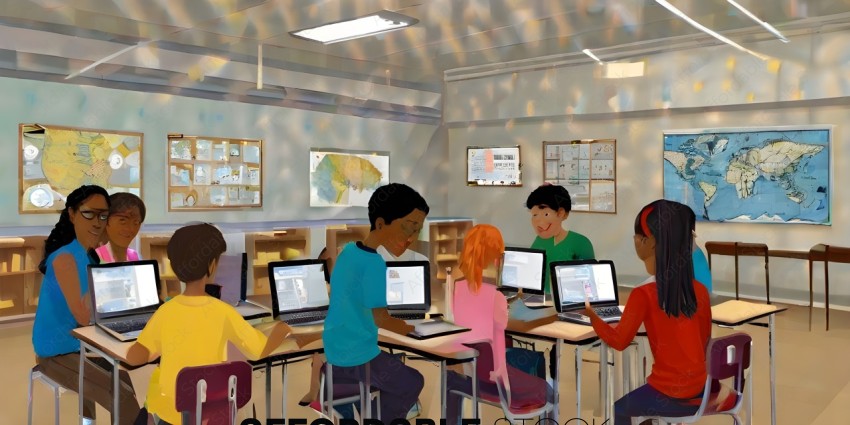 Children in a classroom using laptops