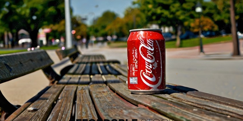 A can of Coca Cola sits on a wooden bench