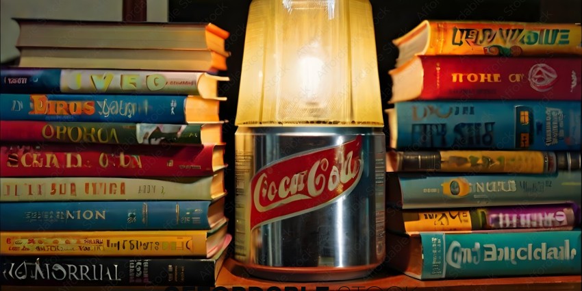 A Coca Cola Lamp with a stack of books