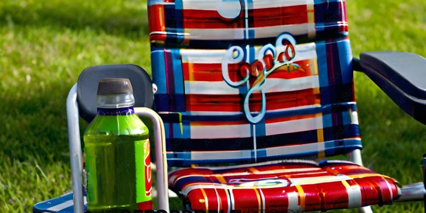 A colorful folding chair with a green bottle of soda