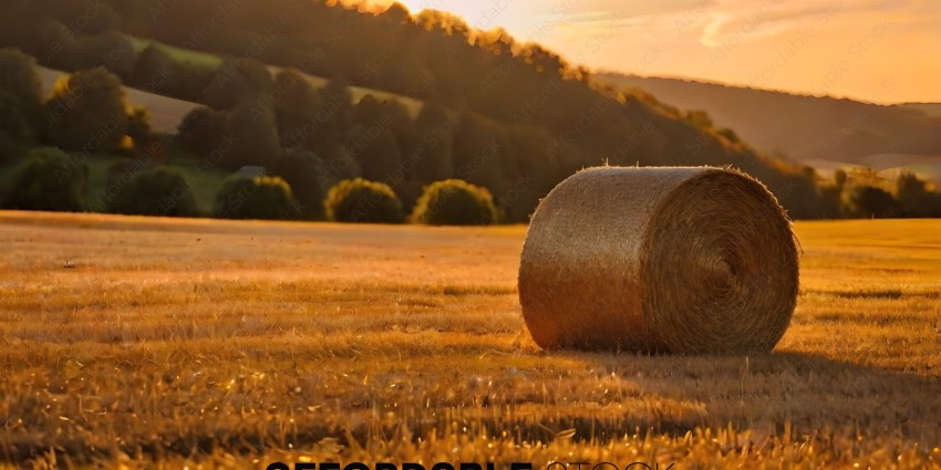 A Bale of Hay in a Field at Sunset