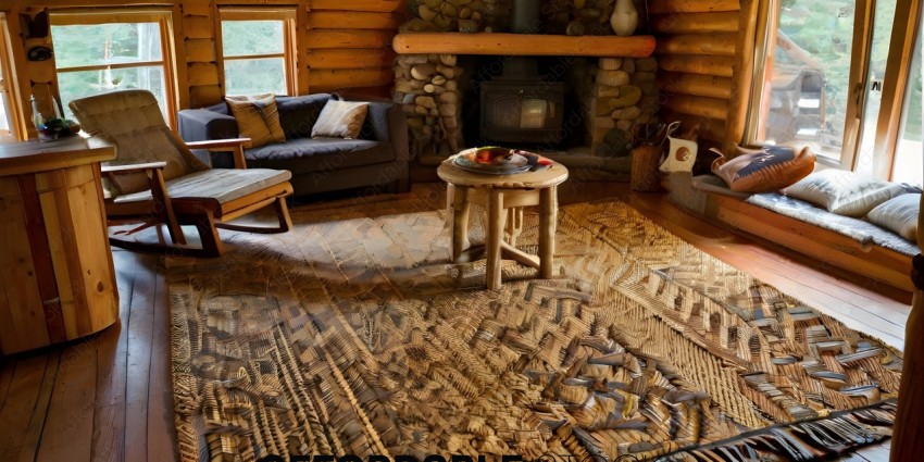 A cozy cabin with a wooden floor and a fireplace