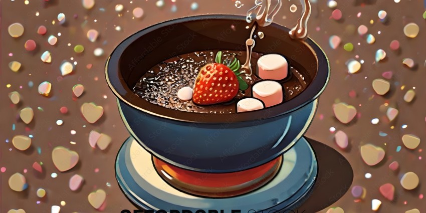 A bowl of chocolate soup with strawberries and marshmallows