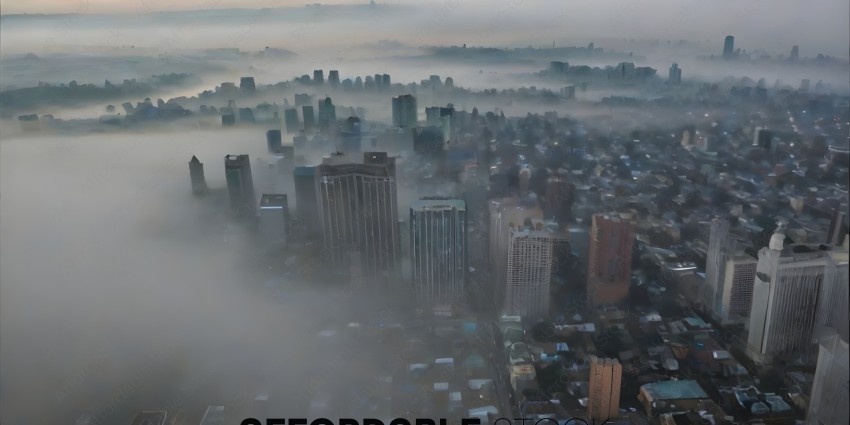 A hazy view of a city with a foggy skyline