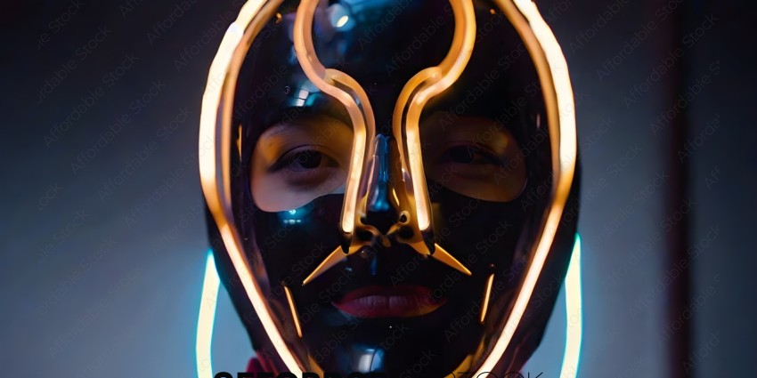 A person wearing a black mask with a yellow light on it