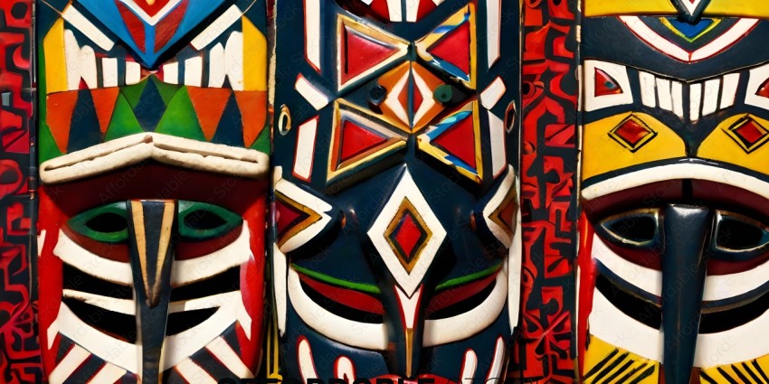 A close up of a mask with a red, blue, yellow, and white design