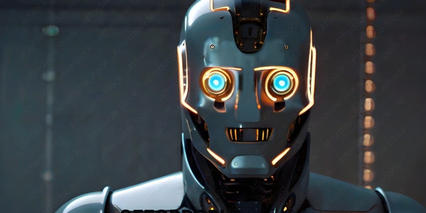 A robot with blue eyes and a silver face
