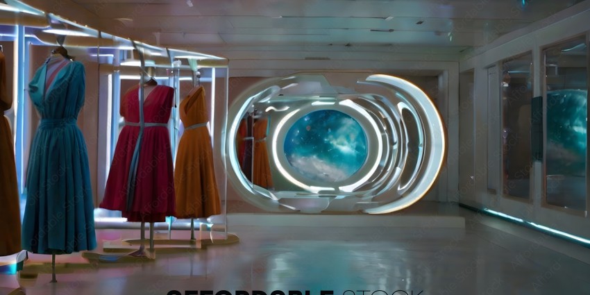 A display of dresses with a space theme
