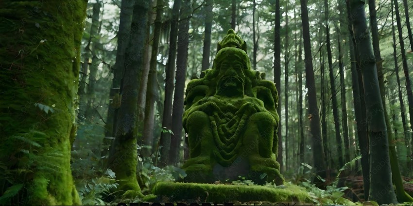 A mossy statue of a man with a beard
