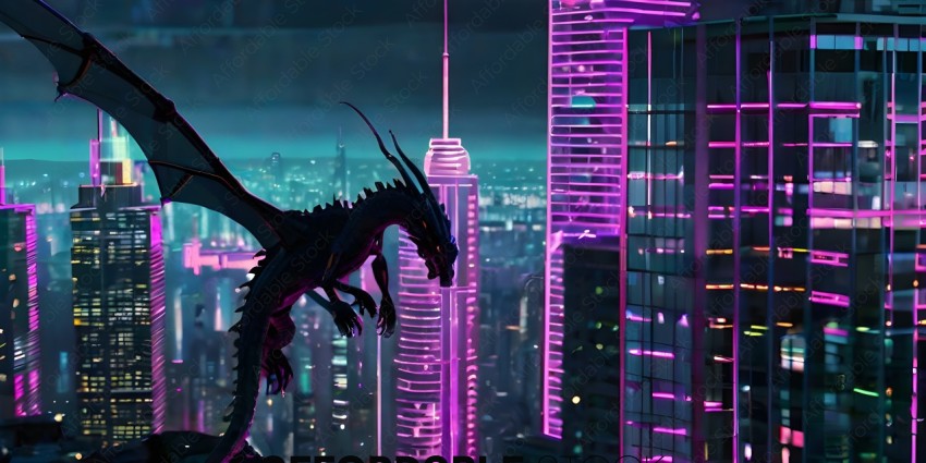 A dragon in a city with pink lights
