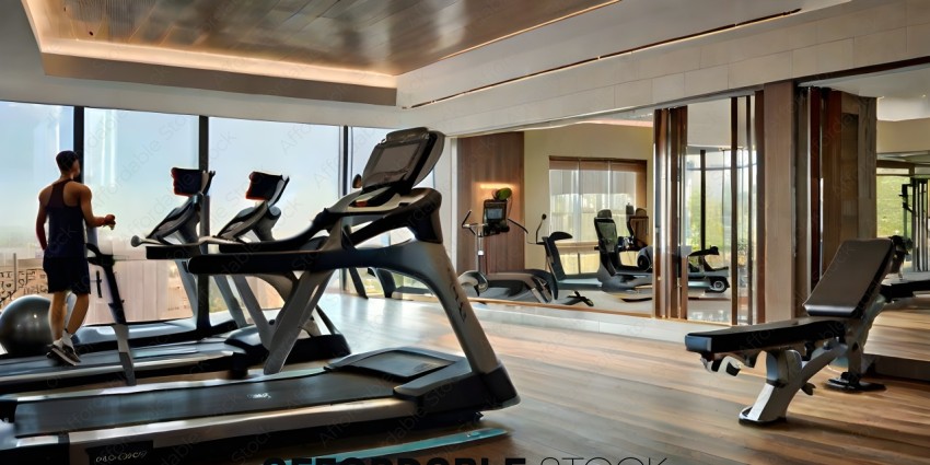 A gym with a treadmill and a mirror