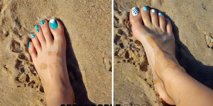 A person with a blue painted toenail and a white painted toenail