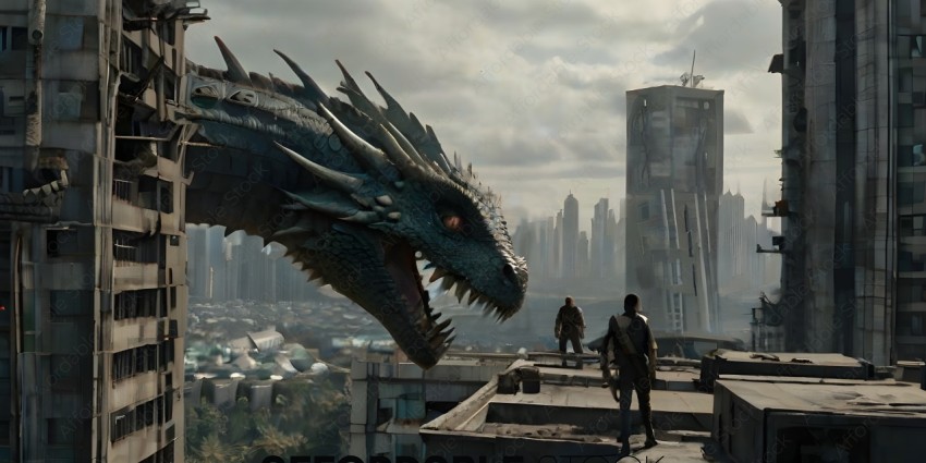 A man and a dragon in a city