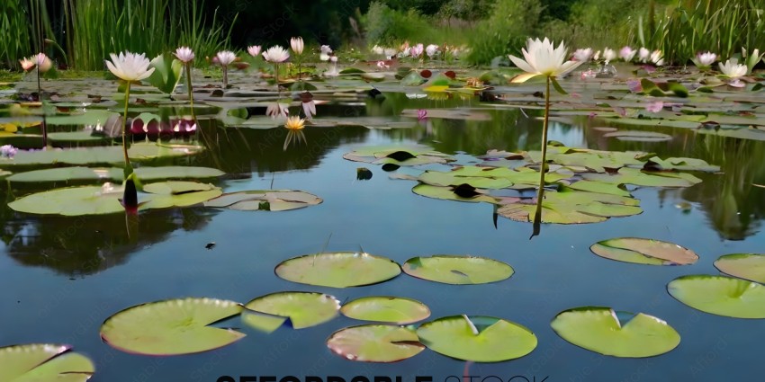 A pond with lily pads and flowers