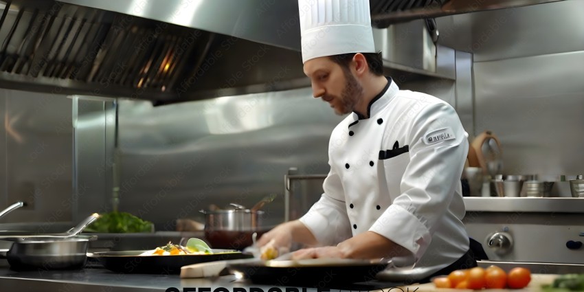 A chef in a white uniform prepares food