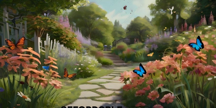 A painting of a garden with butterflies and flowers