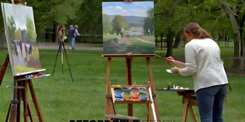 A person painting a picture of a park