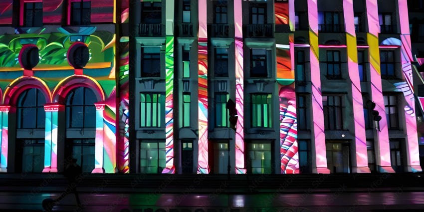 A person standing in front of a building with a colorful light display