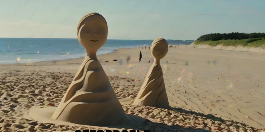 Two sand sculptures of women on the beach