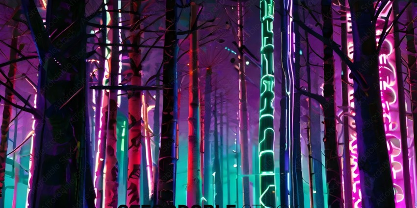 A forest with neon colored trees