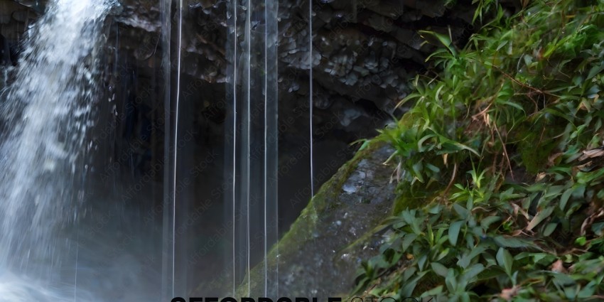 A waterfall cascades down a rocky cliff
