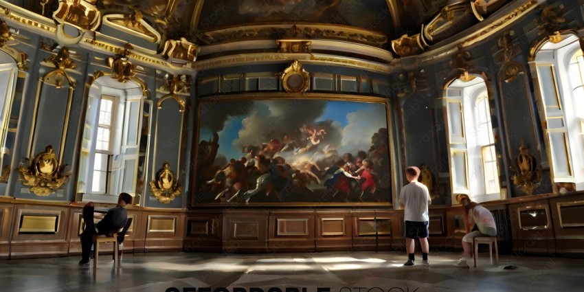 A young boy standing in front of a large painting
