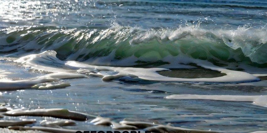 A large wave crashing on the beach