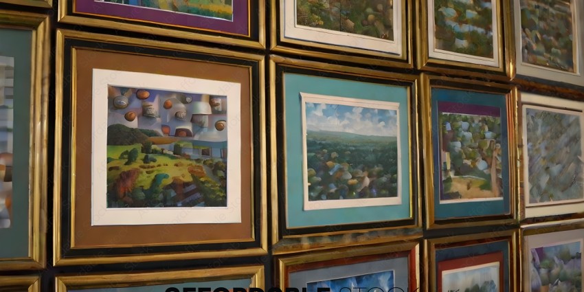 A wall of artwork with a variety of subjects