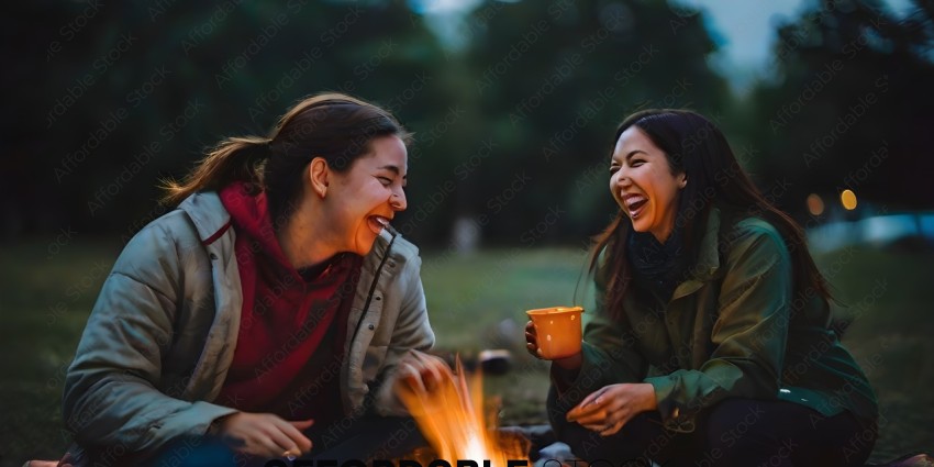 Two women laughing and drinking coffee around a fire