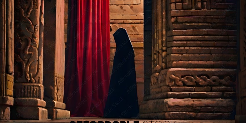 A nun in a black habit standing in front of a red curtain