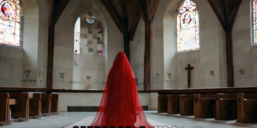 A person wearing a red cloak in a church